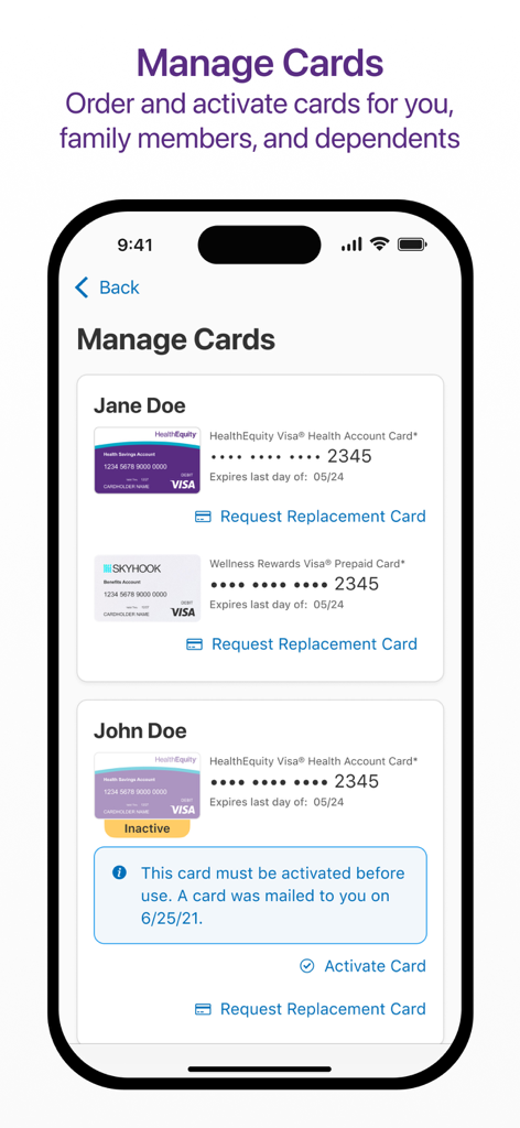 HealthEquity Mobile - Pantalla de la aplicación HealthEquity Mobile para gestionar y activar tarjetas de débito para miembros de la familia y dependientes.