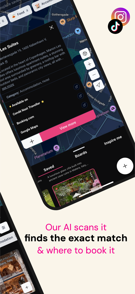 Yaay app interface showing AI location matching on a travel map