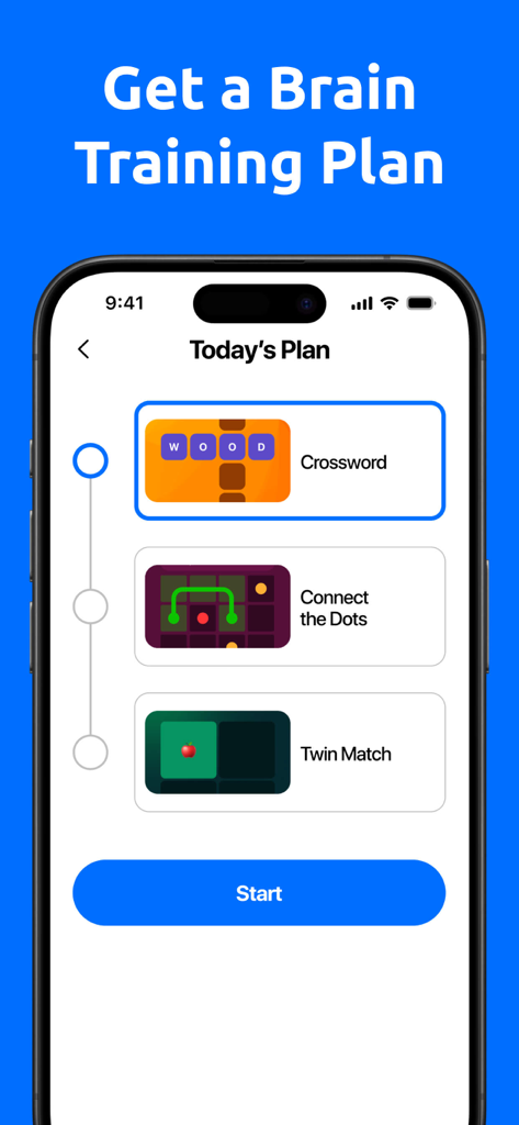 Brain Games: Memory Training - Smartphone screen displaying a daily brain training plan featuring crossword and connect the dots games.