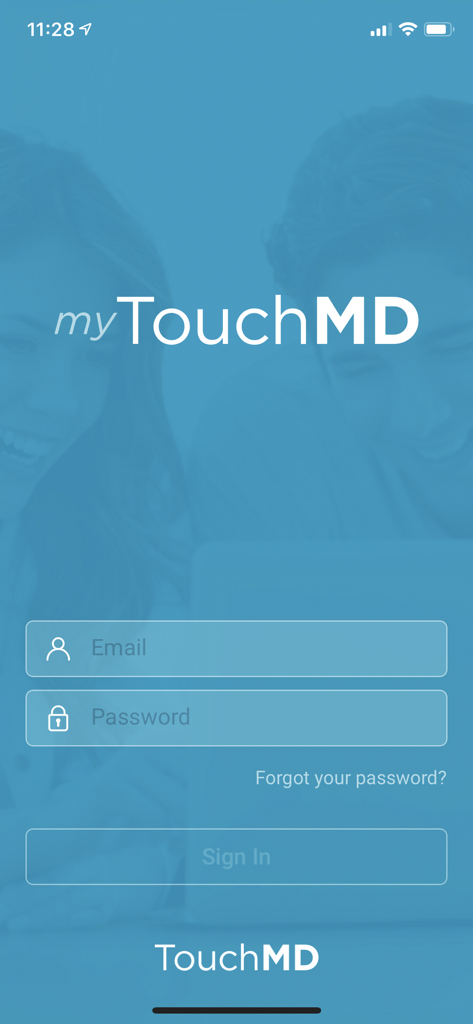 Login screen for the myTouchMD patient app featuring email and password input fields