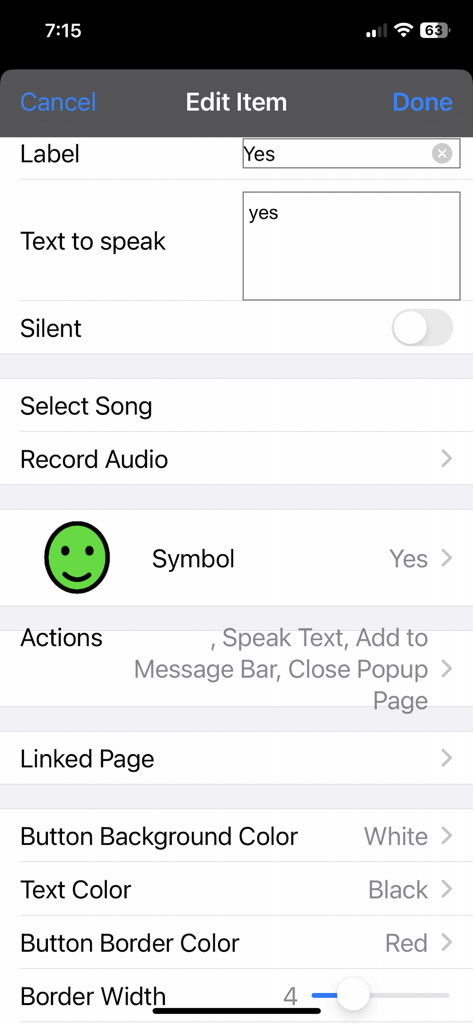 The Edit Item screen in TalkTablet PRO for customizing communication button labels symbols and actions