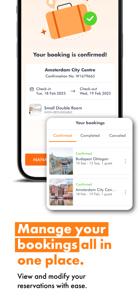 Interface of the easyHotel app displaying confirmed hotel bookings in Amsterdam and Budapest