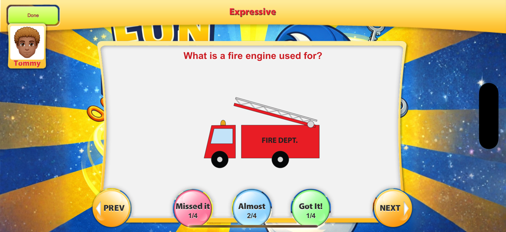 Fun & Functional - Uma atividade de linguagem expressiva no aplicativo Divertido e Funcional perguntando para que um caminhão de bombeiros é usado.
