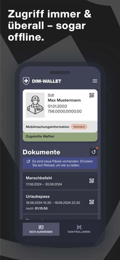 DIM-Wallet - Smartphone screen showing the DIM-Wallet app with a digital military ID and list of service documents for the Swiss Armed Forces