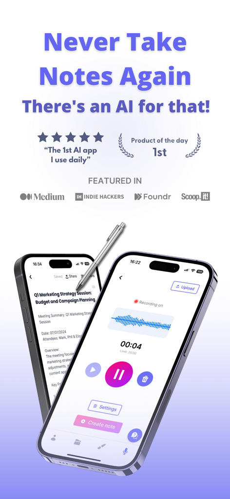 Two iPhones showing the Talknotes app interface for AI voice recording and meeting notes transcription