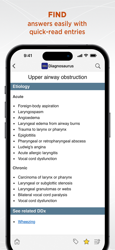 Diagnosaurus DDx app screenshot showing a clinical entry for upper airway obstruction etiology with acute and chronic causes.