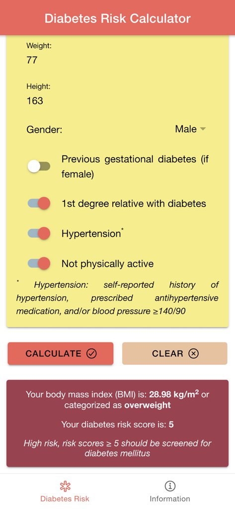 Diabetes Risk Score Calculator - The Diabetes Risk Score Calculator app showing overweight BMI and high risk screening results.