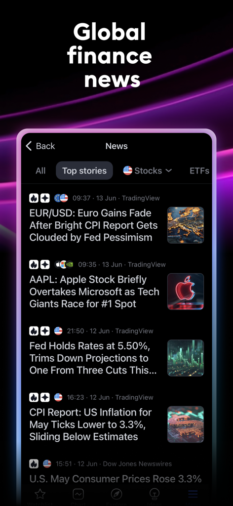 TradingView: Track All Markets - Apple株、FRB金利、インフレ報告に関する見出しを含むグローバル金融ニュースフィードを表示するTradingViewアプリ画面。