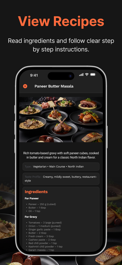 allrecipes ® - Pantalla de receta de Paneer Butter Masala con lista de ingredientes y descripción del plato.