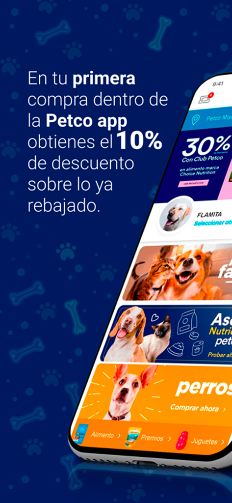 Petco México - Interface de l'application mobile Petco Mexico montrant une réduction de 10% pour les nouveaux utilisateurs et les catégories de produits pour animaux.