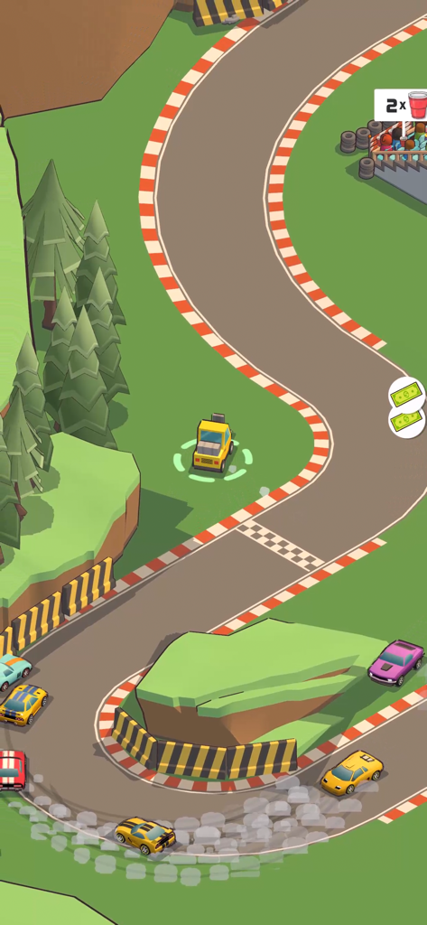 Car Speed Racing - Idle Tycoon - Top down view of colorful sports cars racing on a winding track with spectators and money icons in Car Speed Racing Idle Tycoon