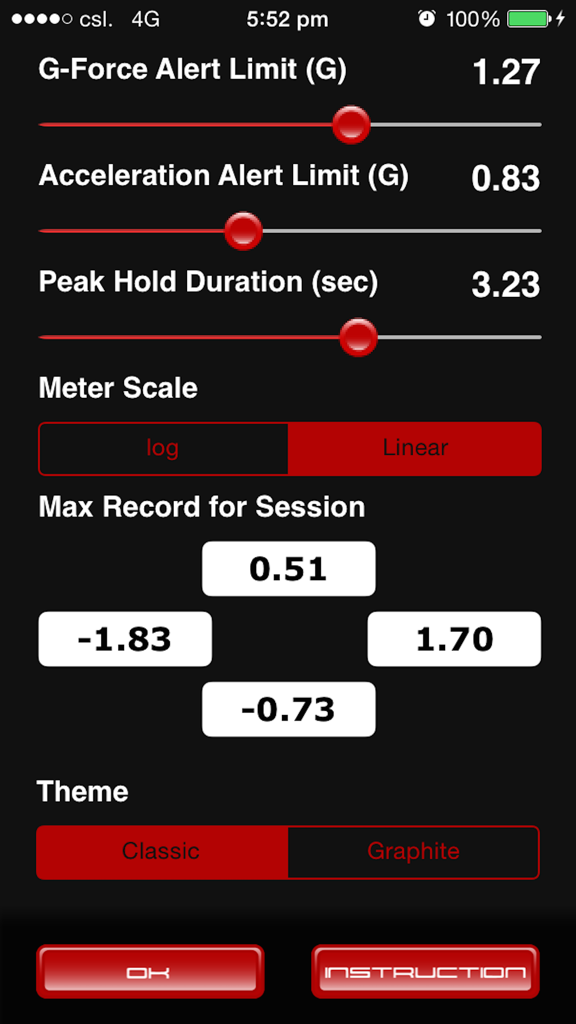 Settings screen of the G FORCE app showing adjustable g-force alert limits and peak hold duration.