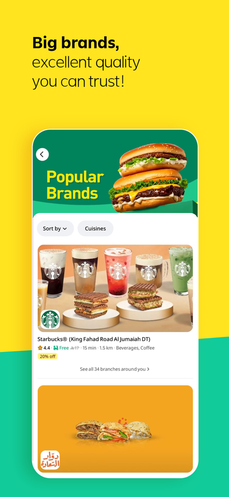 Keeta - Food Delivery - Keeta food delivery app interface showing popular brands like Starbucks with discounts and free delivery