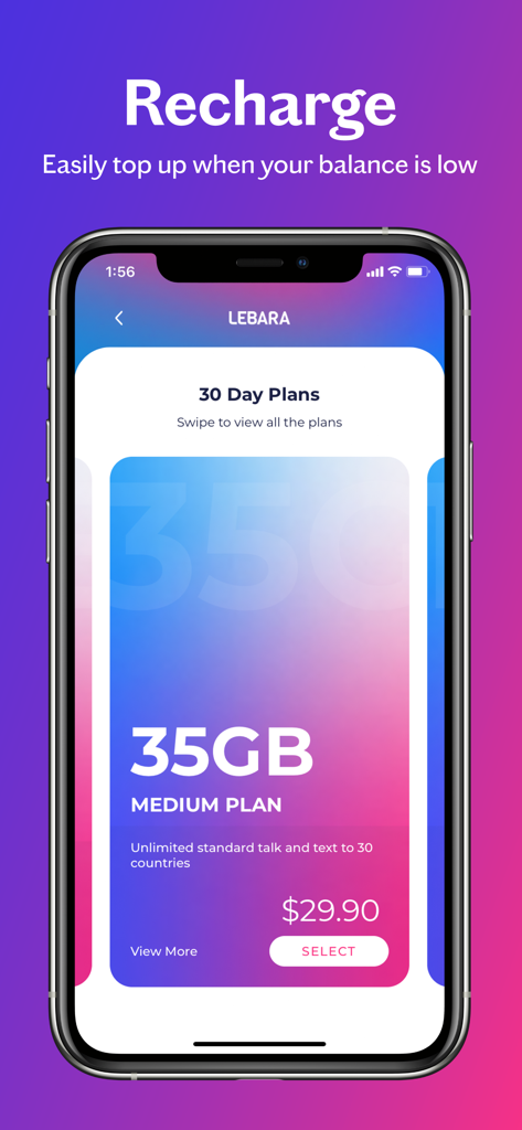 Lebara - Lebara mobile app screen showing a 35GB medium recharge plan for 29.90 dollars