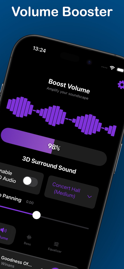 Headphone Volume Booster: HVBz - HVBz app screen showing volume boost level at 98 percent and 3D surround sound settings