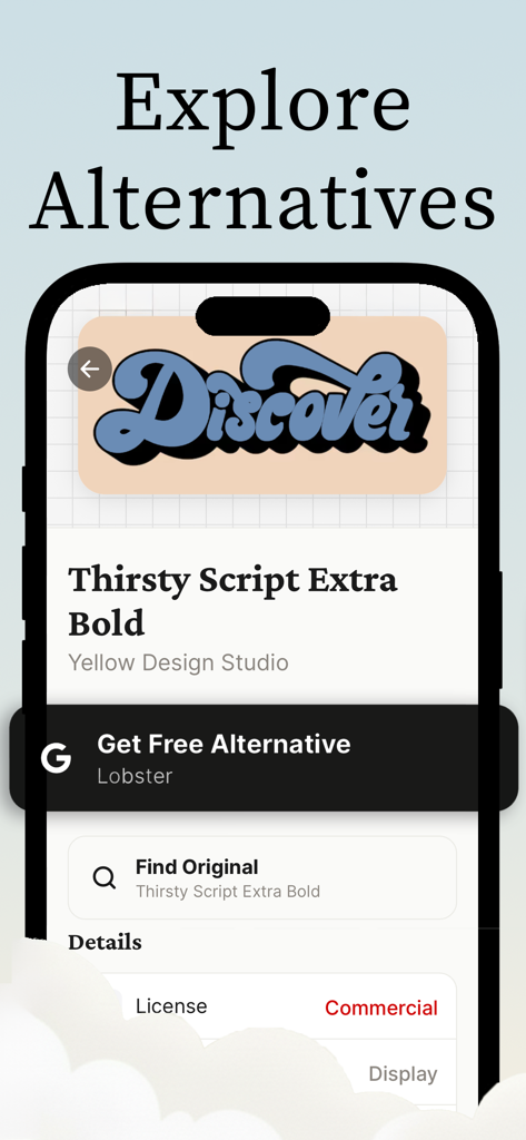 Font Finder: AI Identifier - A mobile app interface showing identified font details and suggestions for free alternatives