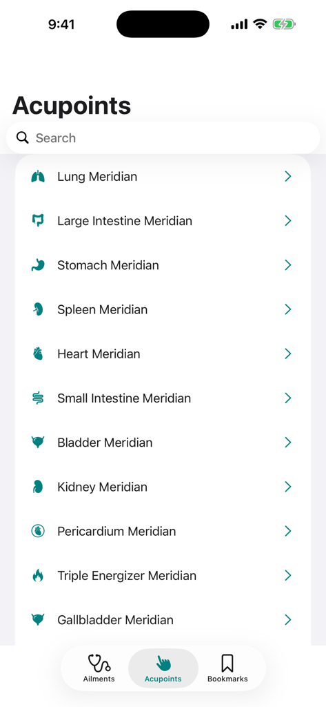 Massage Map 3D - Mobile app screen showing a list of anatomical meridians for acupressure including Lung Stomach and Heart