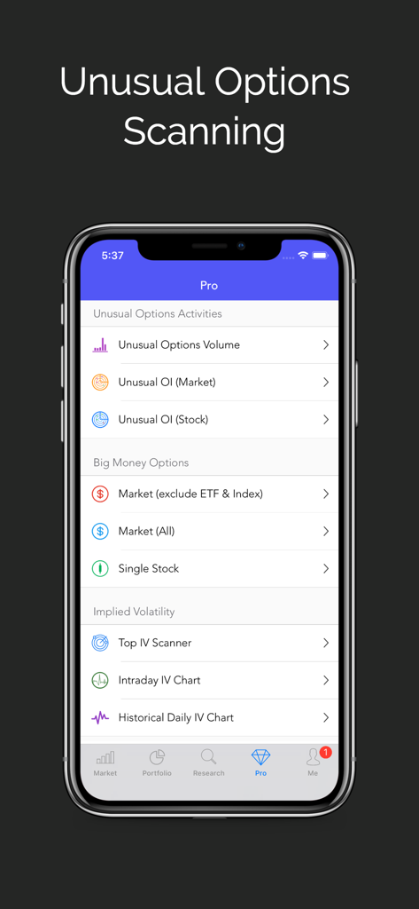 Smartphone screen displaying unusual options scanning tools and implied volatility charts in the Super Stocks with Options app