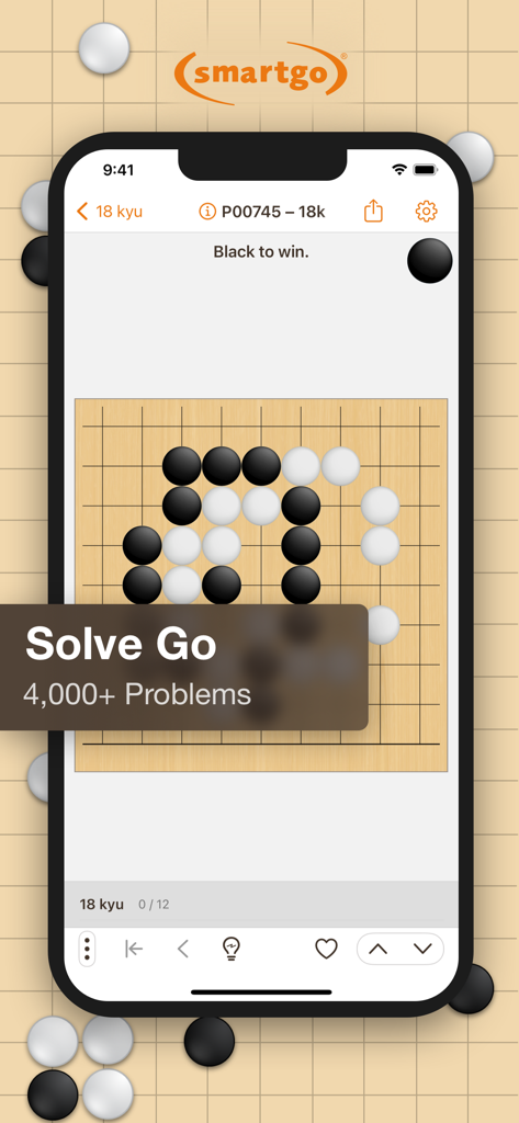 SmartGo One - SmartGo One app interface showing a Go board problem for players to solve.
