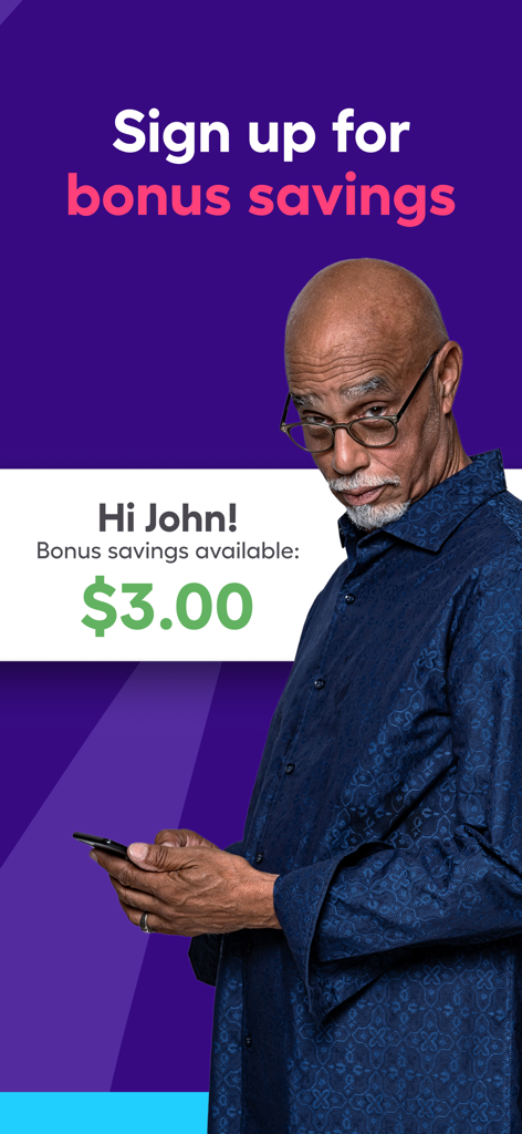 Senior man holding a smartphone showing a three dollar bonus savings offer on the SingleCare app