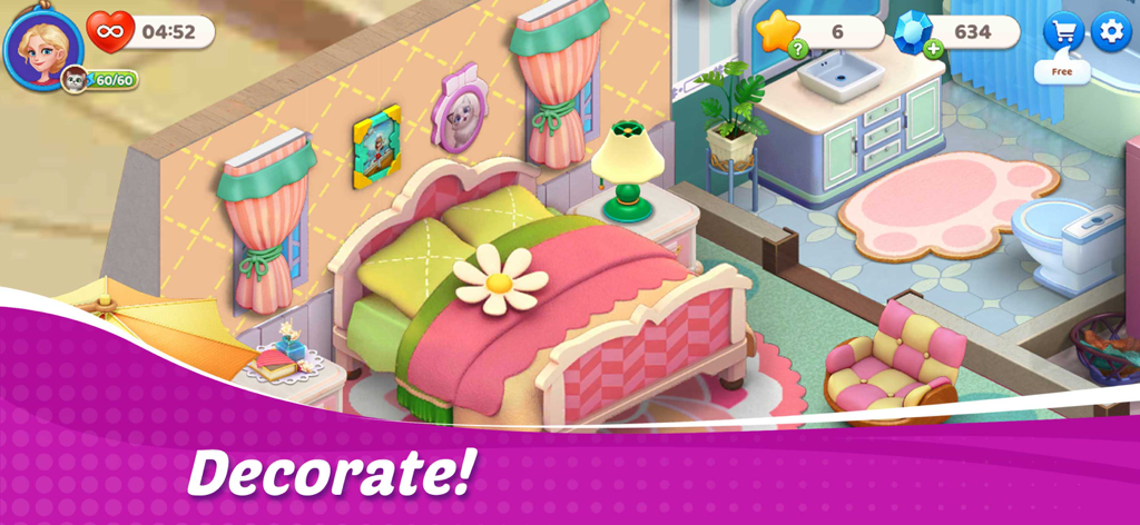 Cooking Wonder: Cooking Games - Um quarto e banheiro decorados no jogo mobile Cooking Wonder.