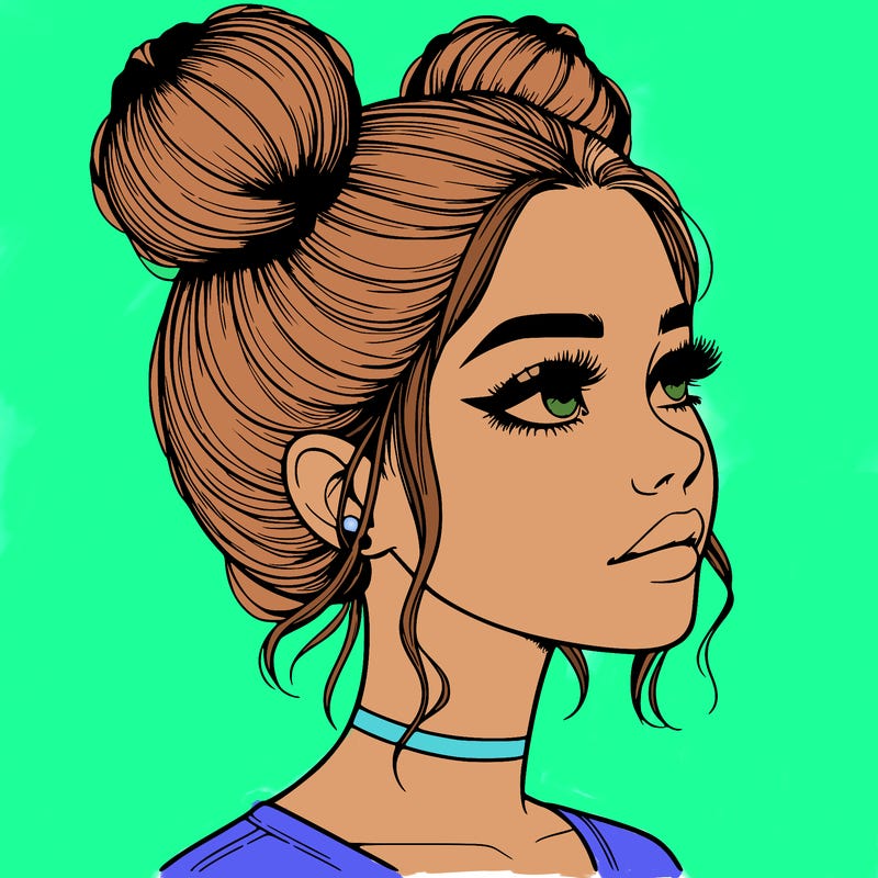 realistic girl with buns on the top of her head