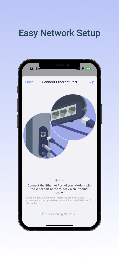 GL.iNet mobile app interface showing a step-by-step guide for connecting an Ethernet cable to a router