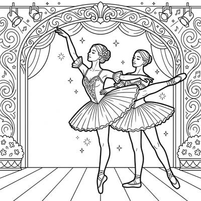 Immerse yourself in the world of ballet with this beautiful coloring page featuring two graceful dancers on a grand stage. Designed with seniors in mind, its clear lines and elegant theme offer a wonderfully calming and engaging artistic activity.