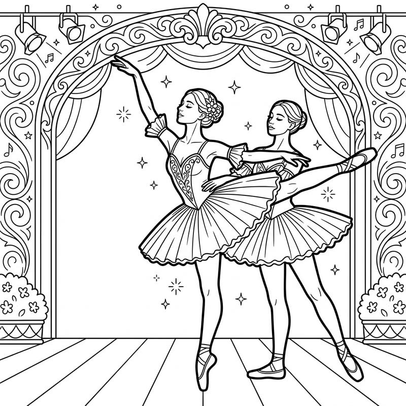 Immerse yourself in the world of ballet with this beautiful coloring page featuring two graceful dancers on a grand stage. Designed with seniors in mind, its clear lines and elegant theme offer a wonderfully calming and engaging artistic activity.