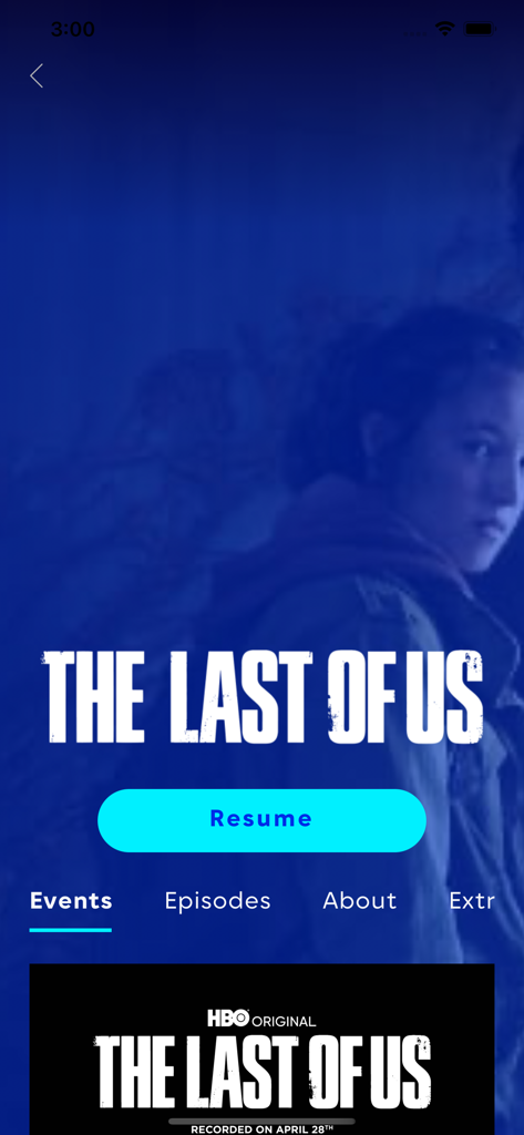 A screenshot of The Last of Us show page on the HBO Max FYC app with a prominent Resume button and navigation tabs for industry voters.