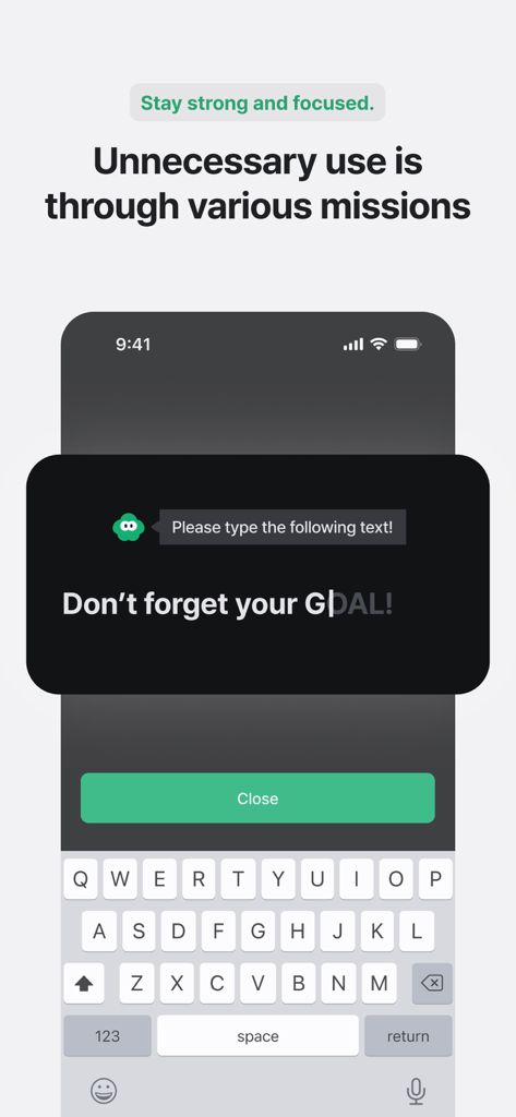 Turning: Screen Time & Routine - Screen showing a focus mission in Turning app asking users to type a phrase to reduce unnecessary phone use