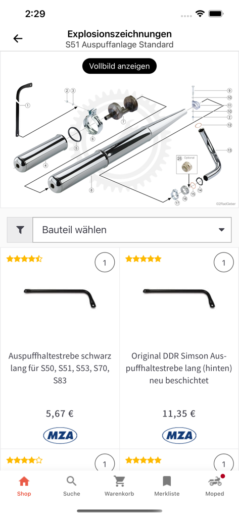 Ostoase Shop - An exploded view diagram of a Simson S51 moped exhaust system in the Ostoase Shop app showing technical parts and available listings