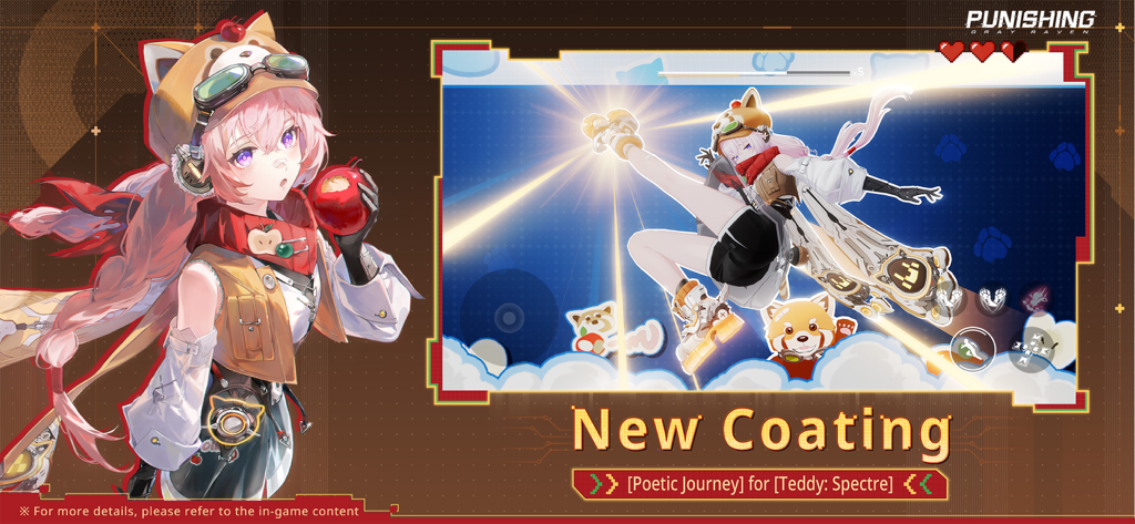 Punishing: Gray Raven - Personaje de Punishing Gray Raven Teddy Spectre en el skin Poetic Journey realizando un movimiento de combate.