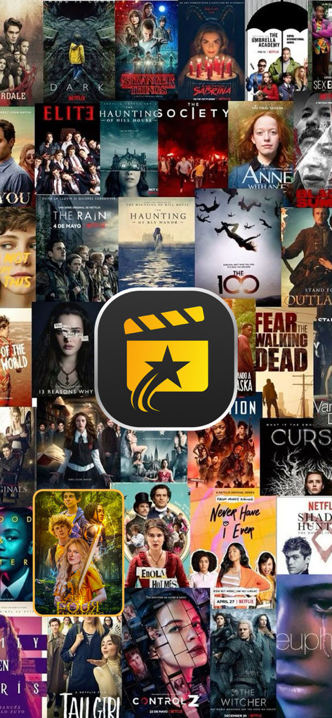 StarTV app icon centered on a collage of popular movie and TV show posters