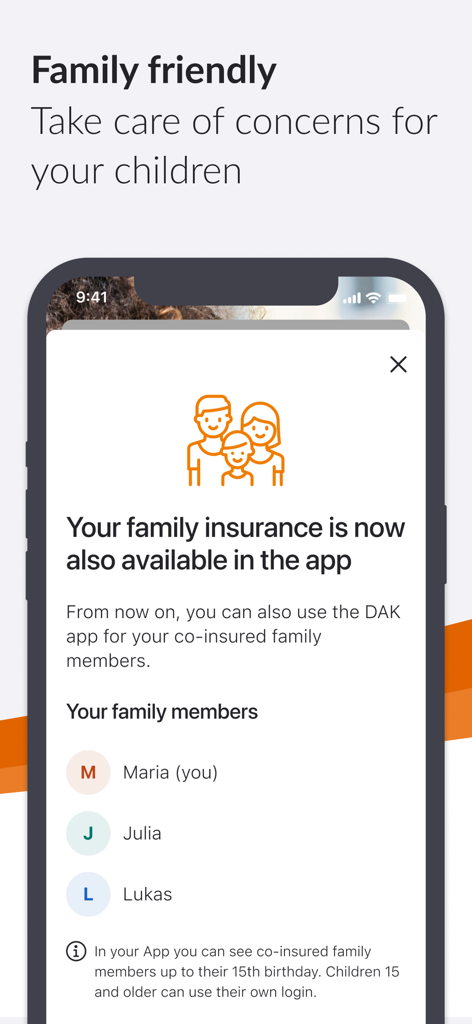 DAK app screenshot showing the family insurance feature for managing children's health records