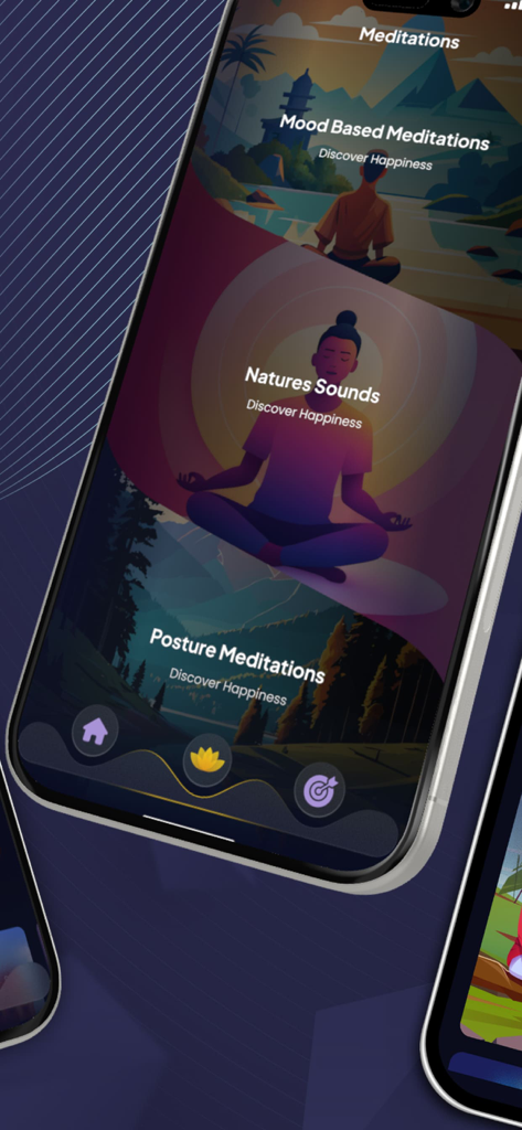 Rooted Center - Rooted Center app interface showing meditation categories including mood based nature sounds and posture meditations