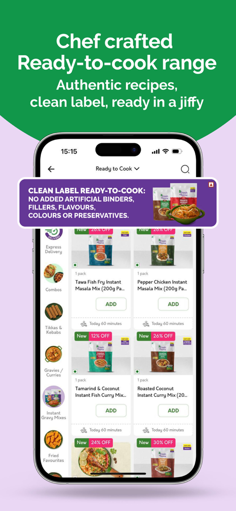 FreshToHome app interface showing a variety of clean label ready to cook meal kits and masala mixes