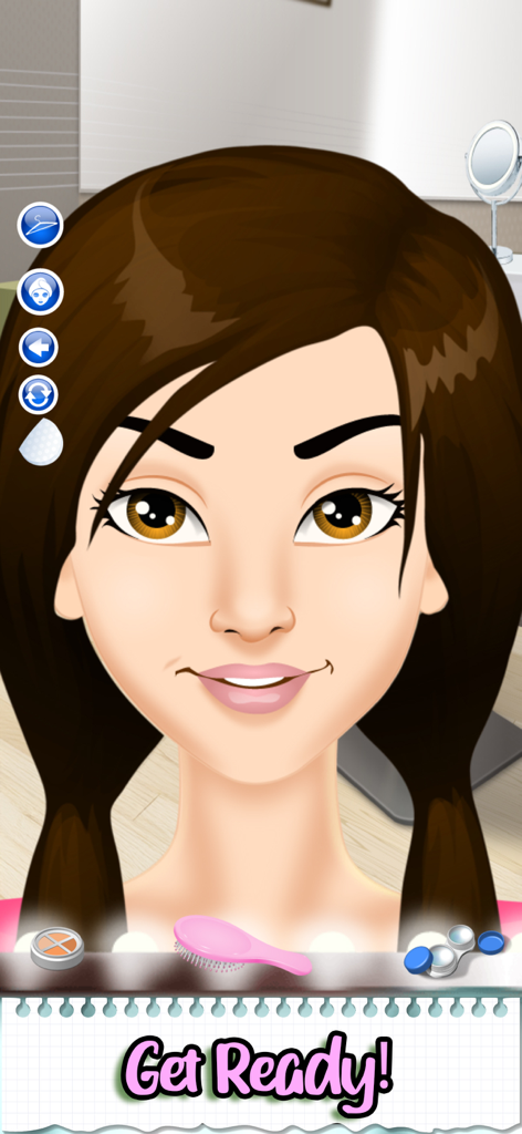 Una chica de dibujos animados con cabello castaño en una interfaz de juego de maquillaje con el texto Ponte a Punto.
