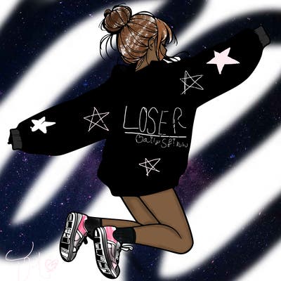 realistic girl jumping with a bun and oversized sweatshirt