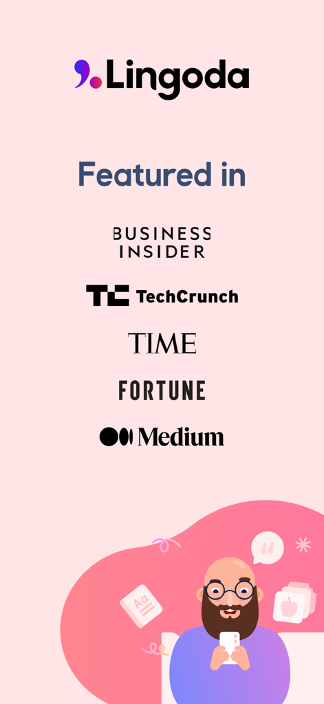 Lingoda app screen highlighting media features in Business Insider, TechCrunch, TIME, and Fortune.