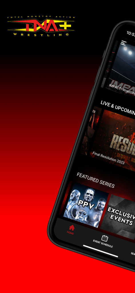 Smartphone displaying the TNA plus wrestling app home screen with featured wrestling series and pay-per-view categories