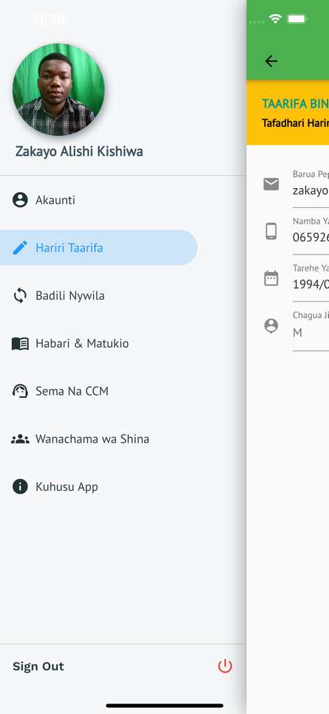 CCM_App - A mobile app user profile and side menu interface for the CCM App showing navigation options in Swahili.