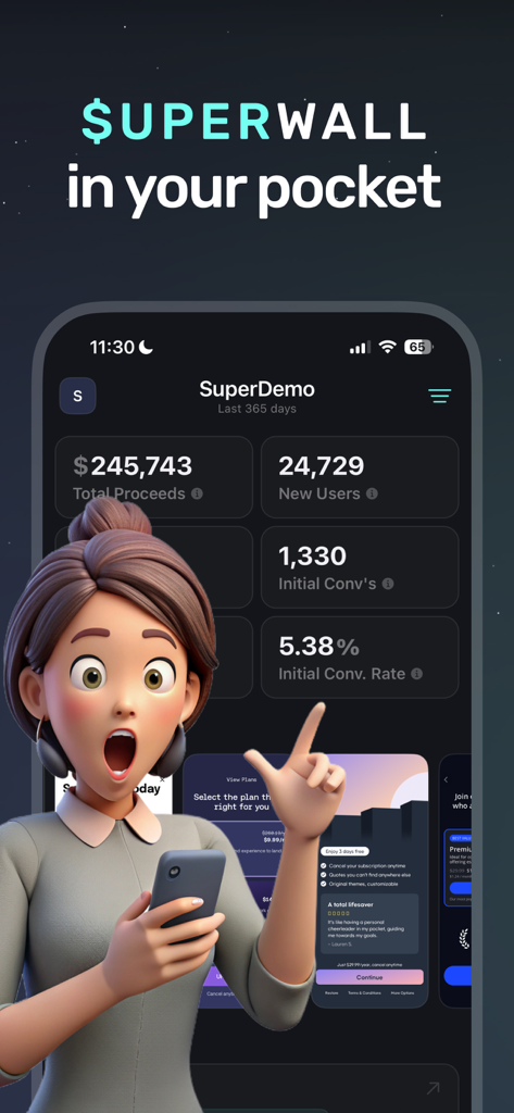 Tableau de bord de l'application mobile Superwall affichant les métriques de revenus et de conversion des utilisateurs.
