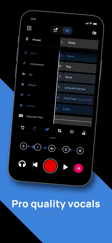 A mobile phone screen showing Voloco app vocal recording presets and audio effects