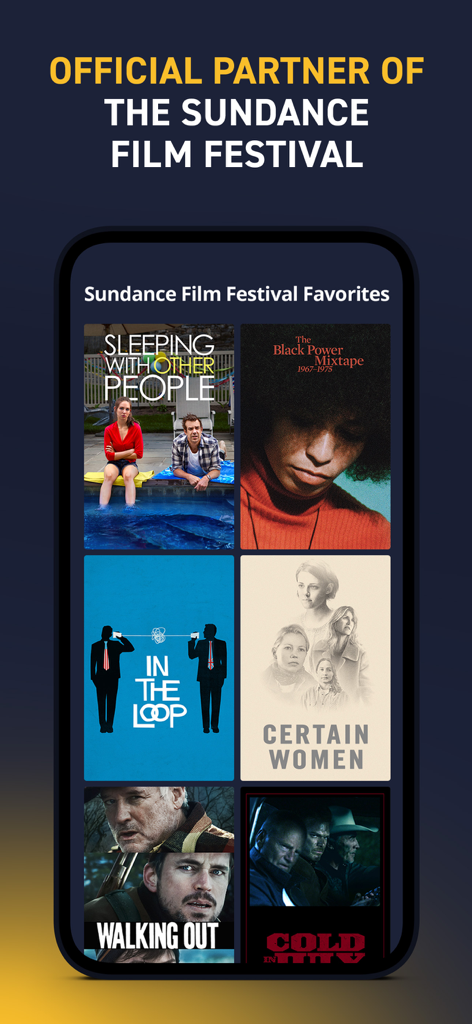 Sundance Now - The Sundance Now app showcasing a curated collection of Sundance Film Festival favorites including indie movies and documentaries.