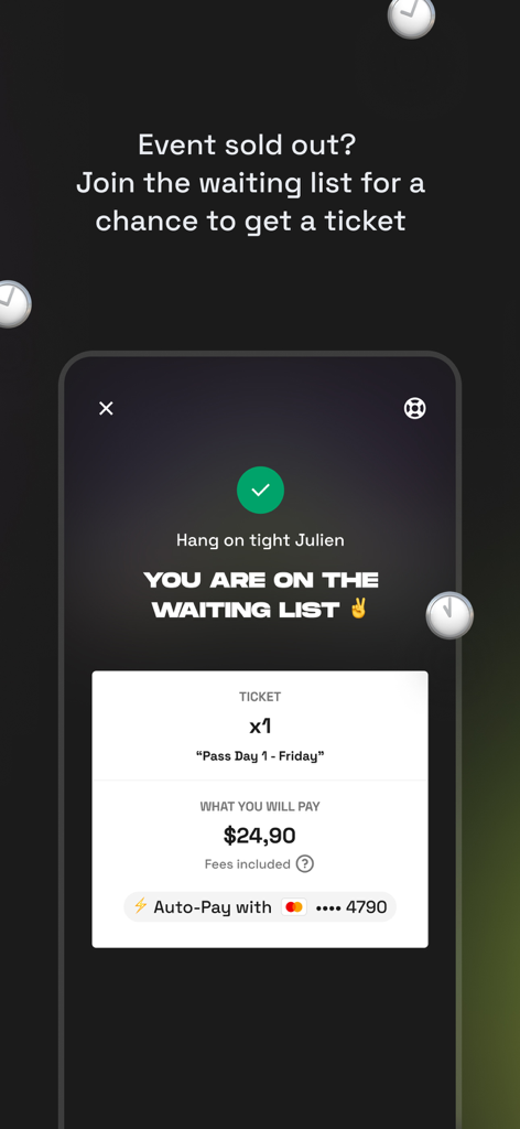 Shotgun app screen showing a user confirmed on a waiting list for a sold out music event