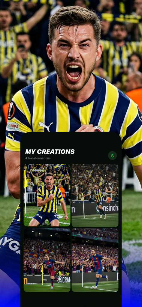 Football Player Filter: Footty - A gallery of AI generated football player photos showing a user in different team kits