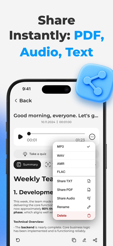 Noteum: AI Meeting Note Taker - Noteum app screen showing options to share meeting notes as PDF, TXT, or various audio formats like MP3 and WAV.