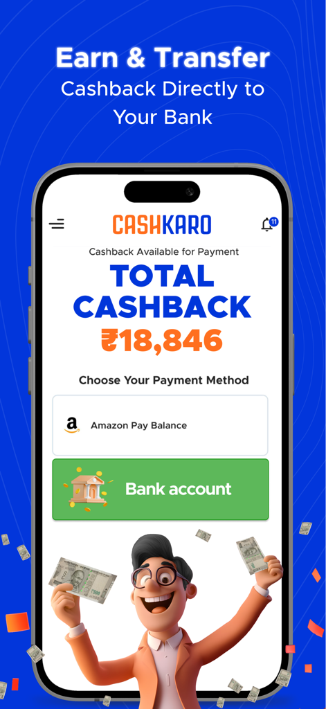 CashKaro - Cashback & Coupons - CashKaro mobile app interface displaying total cashback earnings and options to transfer money to a bank account
