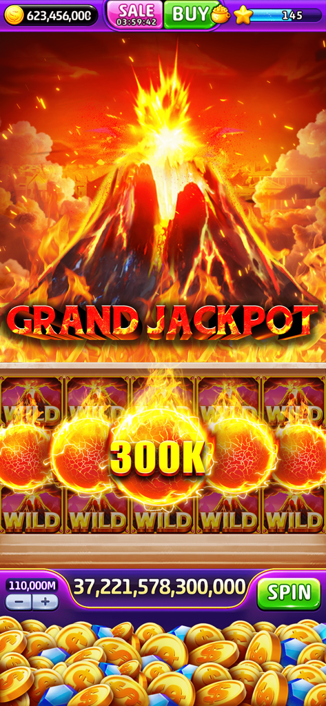 Jackpot World casino slot game with volcano theme and grand jackpot notification